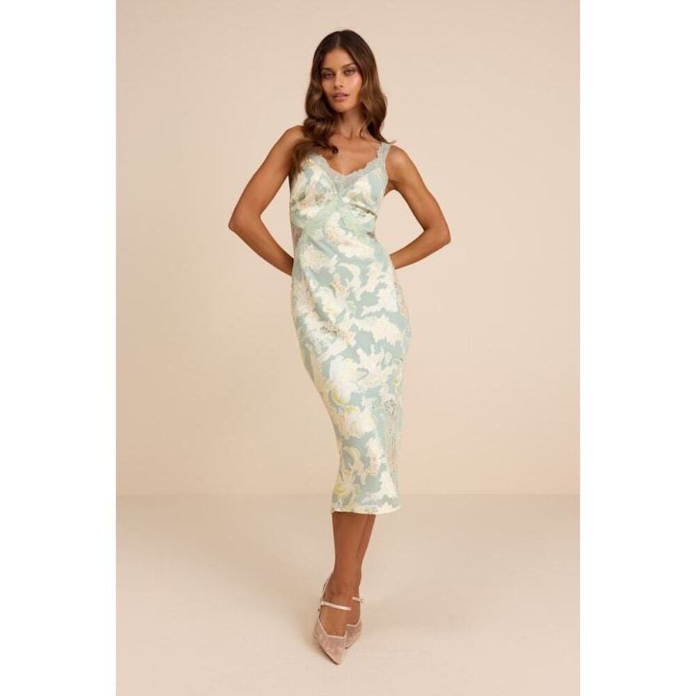 Lulus Mariposa Sage Floral Satin Lace Slip Midi Dress Green - Size M